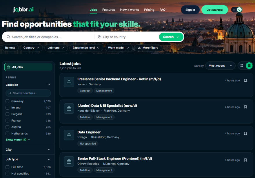The Jobbr.ai job board: a search bar with location and filters, and a list of the latest job listings.