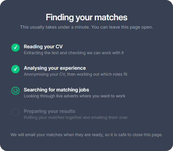 Jobbr.ai finding matches for a CV: reading the CV, analysing experience, searching for matching jobs and preparing results.